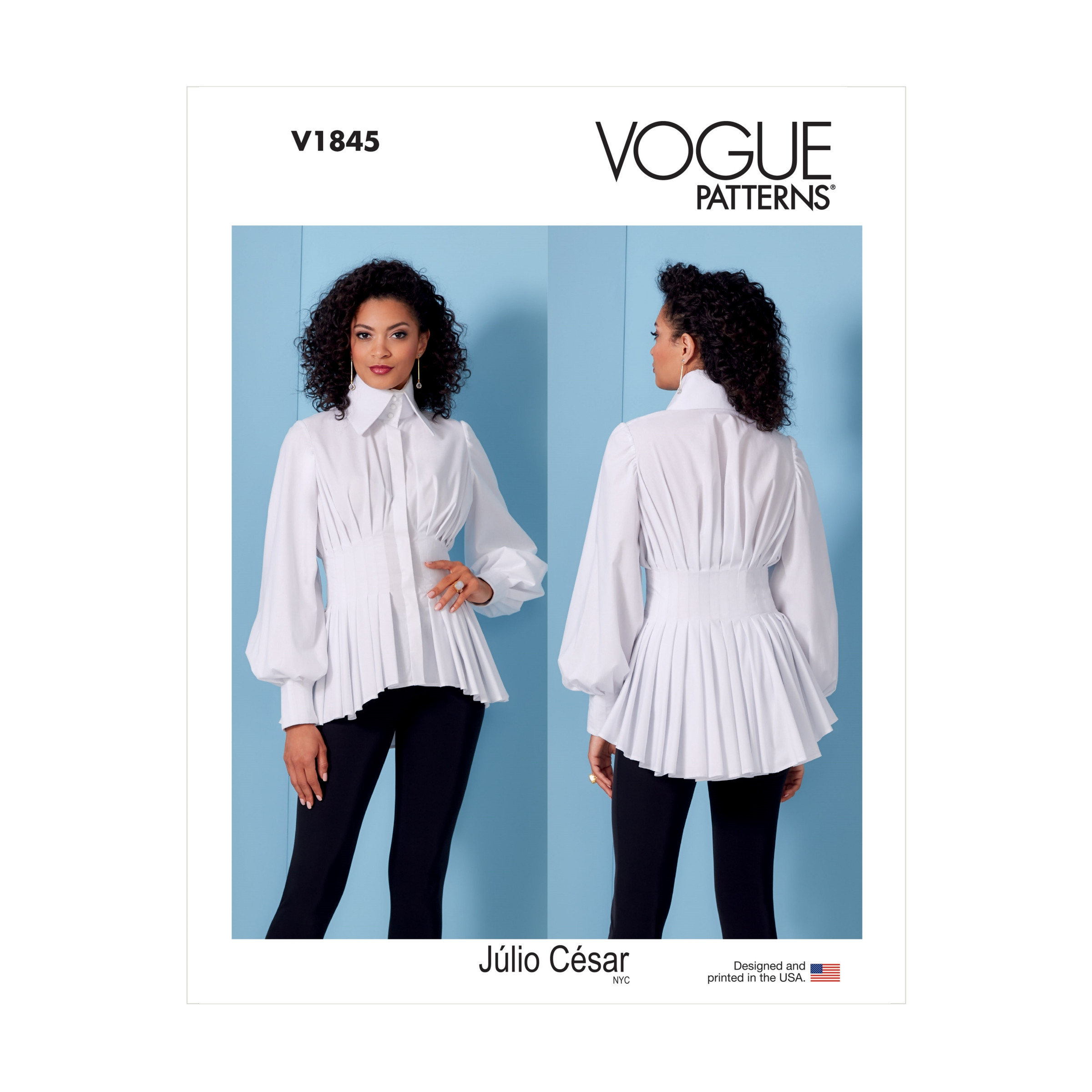 Vogue Schnittmuster V1845 – weiße Bluse – mega geriehen – großer Stehkragen  – verdeckte Knopfleiste – Blitz-Idee24