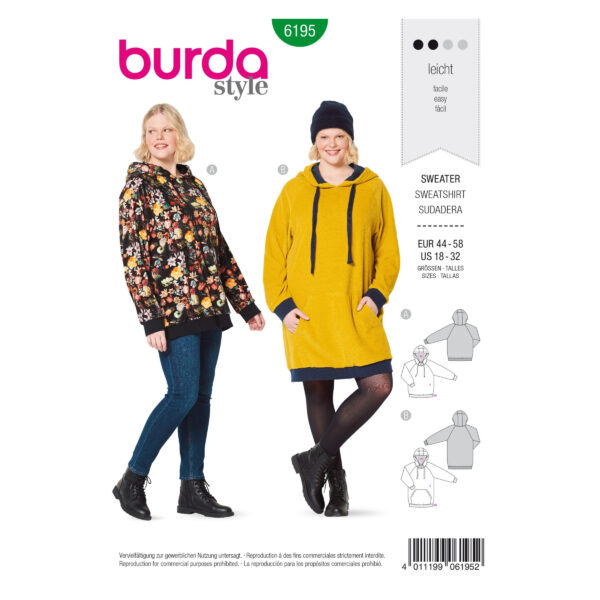 Burda Style Schnittmuster Nr. 6195 - Sweater - Kapuzen-Sweater - Sweater-Kleid
