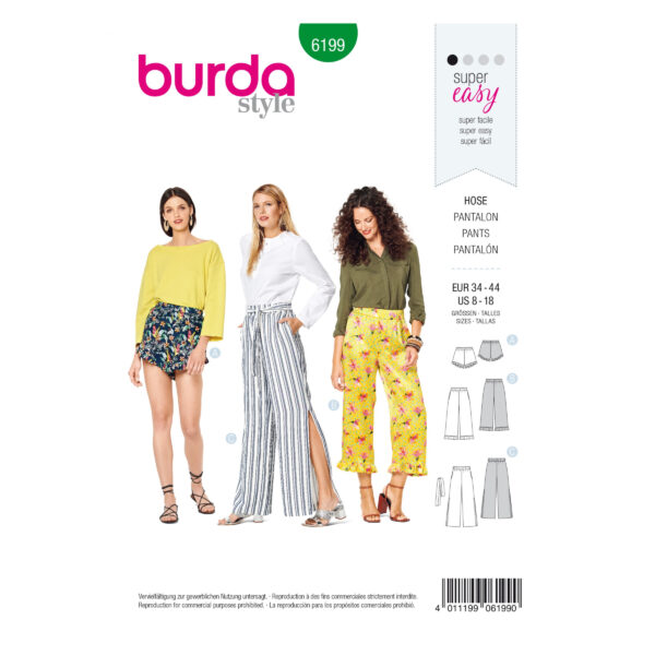 Burda Style Schnittmuster Nr. 6199 - Hose - Shorts - Gummizug - Saumrüschen