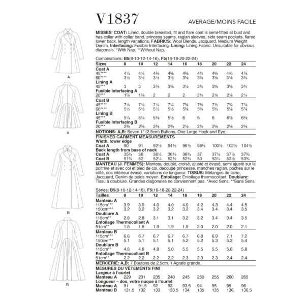 Vogue Schnittmuster V1837 - ausgestellter Mantel - Jacke mit Reverskragen - Schößchen – Bild 7