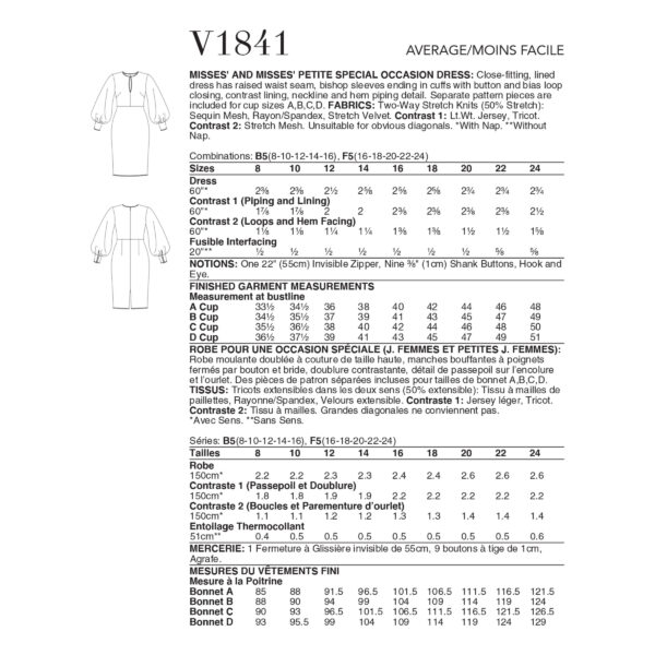 Vogue Schnittmuster V1841 - elegantes Kleid - Abendgarderobe - weiter Ärmel mit Bündchen – Bild 6
