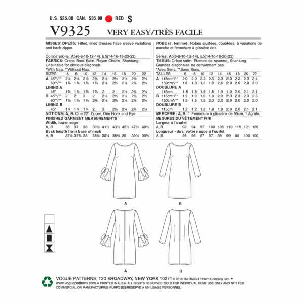 Vogue Schnittmuster V9325 - Kleid - schmal und schlicht - Schleifen am Arm – Bild 6