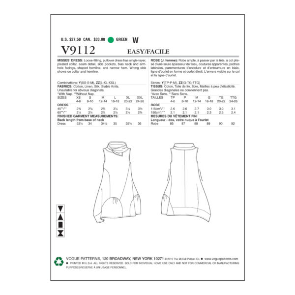 Vogue Schnittmuster V9112 - Kleid - Mini mit Schalkragen – Bild 5