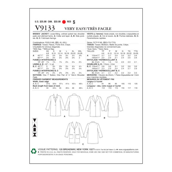 Vogue Schnittmuster V9133 - Mantel - Kurzmantel - Blazer – Bild 6