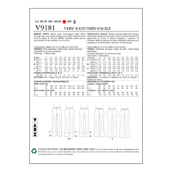 Vogue Schnittmuster V9181 - Hose - schmale Hose - leichter Schlag – Bild 6