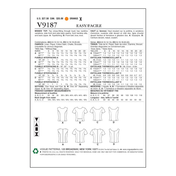 Vogue Schnittmuster V9187 - Bluse - Oberteil im Stil der 60er Jahre – Bild 6