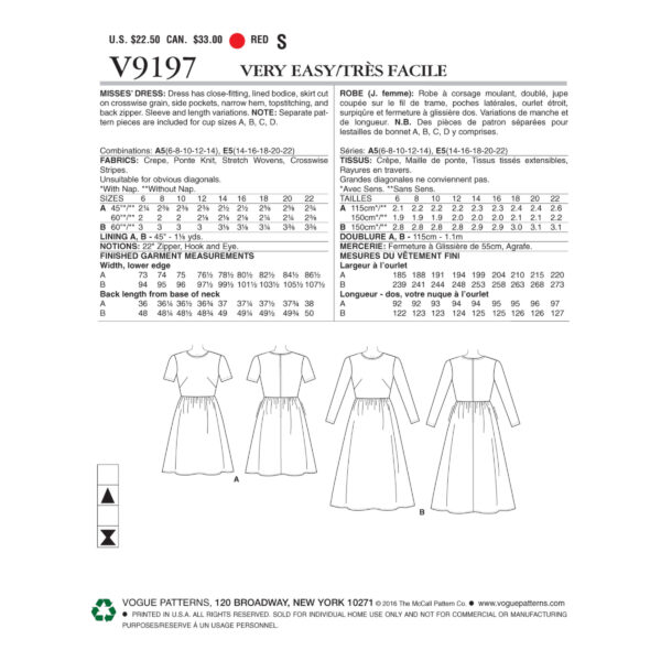 Vogue Schnittmuster V9197 - Kleid - eingeriehen, angesetzter Rock – Bild 5