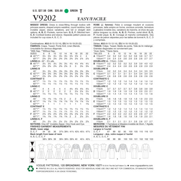 Vogue Schnittmuster V9202 - Kleid - Teilungsnähte - Glockenrock - Etuikleid – Bild 9