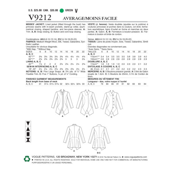 Vogue Schnittmuster V9212 - Jacke - seitlich geknöpft - Schösschen hinten – Bild 9