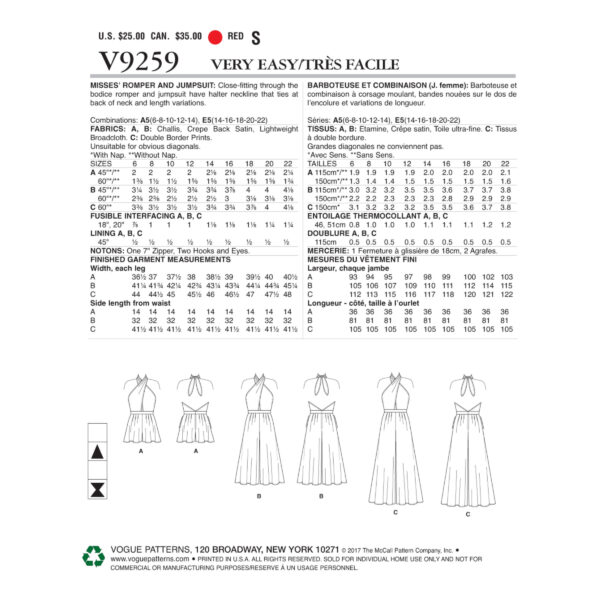 Vogue Schnittmuster V9259 - Overall - Sommeroverall - Hose mit Top – Bild 6