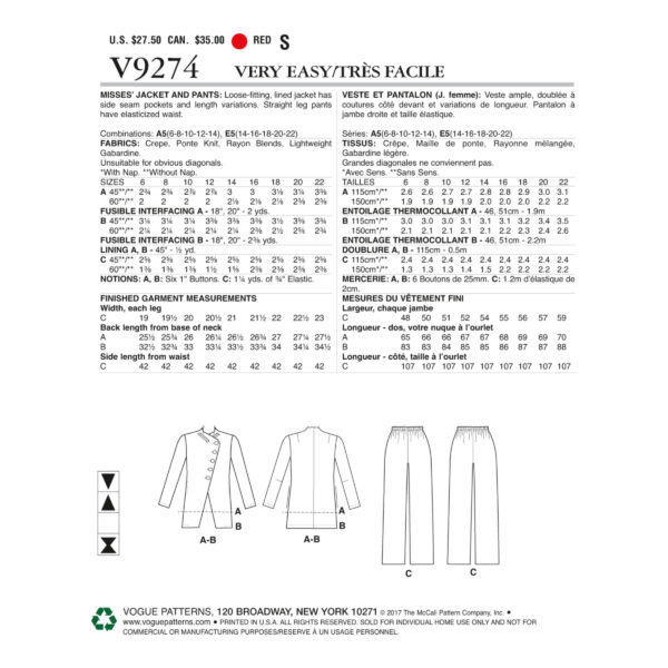Vogue Schnittmuster V9274 - Hosenanzug Damen - Hose - Blazer – Bild 3