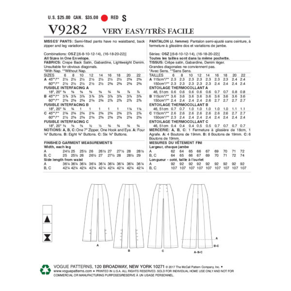 Vogue Schnittmuster V9282 - Hose - weites Bein - ohne Bund – Bild 7