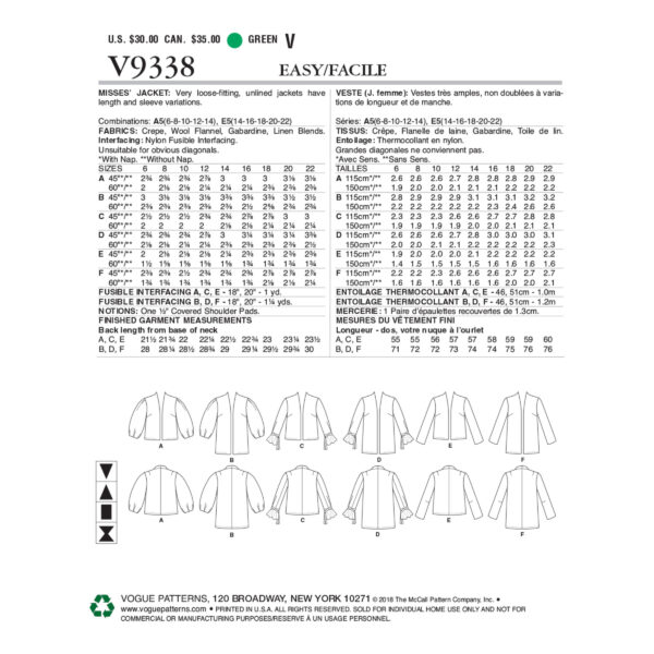 Vogue Schnittmuster V9338 - Jacke - verschlusslos - verschiedenen Armvarianten – Bild 9