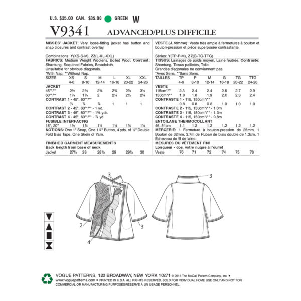Vogue Schnittmuster V9341 - Jacke - diagonaler Verschluss – Bild 5