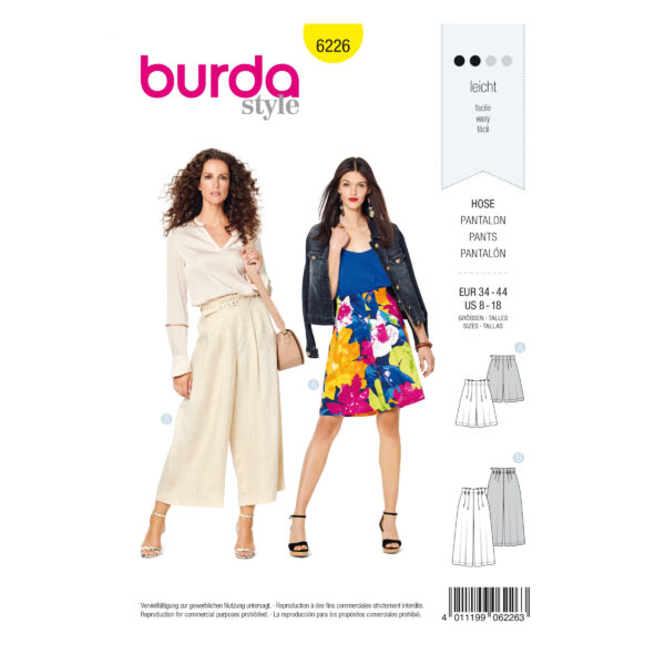 Burda Style Schnittmuster Nr. 6226 - Bermudas - Culotte Hose - Bundfalten