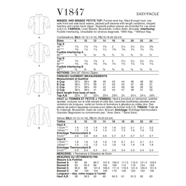 Vogue Schnittmuster V1847 - Bluse mit Stehkragen - Puffärmel - Reißverschluss hinten – Bild 8