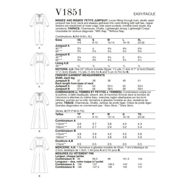 Vogue Schnittmuster V1851 - Overall Gummizug in der Taille - Ausschnitt mit Bindeband – Bild 6