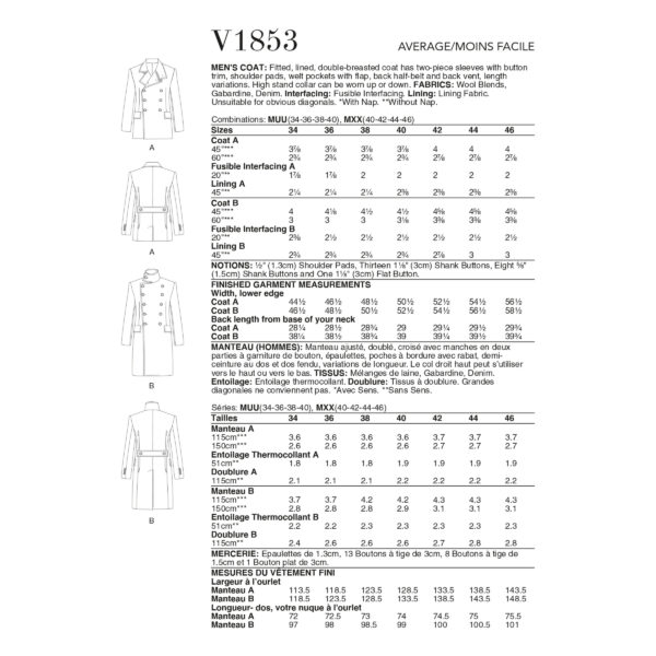 Vogue Schnittmuster V1853 - Herrenjacke - Doppelreiher - Kurzmantel – Bild 8