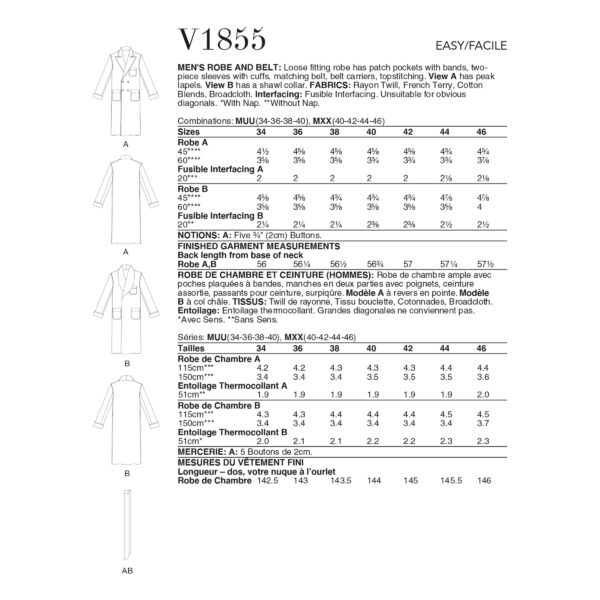 Vogue Schnittmuster V1855 - Morgenmantel für Herren - Bademantel - Hausmantel – Bild 6