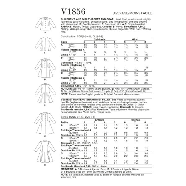 Vogue Schnittmuster V1856 - Kindermantel - Jacke - Doppelreiher – Bild 5