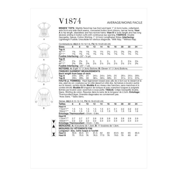 Vogue Schnittmuster V1874 - Bluse - stark tailliert - Langarm oder Kurzarm – Bild 8