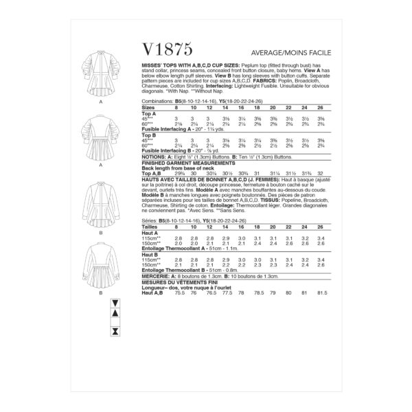 Vogue Schnittmuster V1875 - Bluse - mit Schösschen und Puffärmel – Bild 6