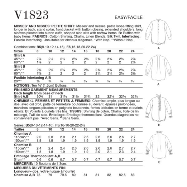 Vogue Schnittmuster V1823 - Bluse - Longbluse mit Rüschenpatte – Bild 8