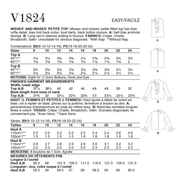 Vogue Schnittmuster V1824 - Bluse - mit Rüschenpatte, Volant – Bild 8