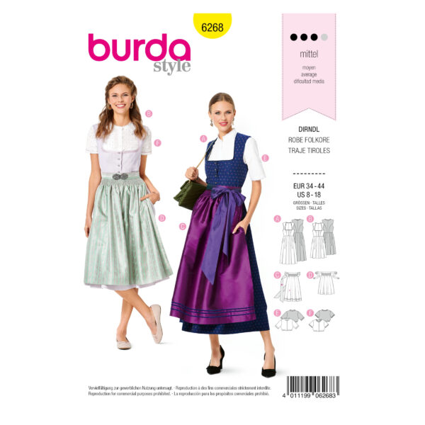 Burda Style Schnittmuster Nr.6268 - Kleid - zwei Dirndl mit Bluse & Schürze