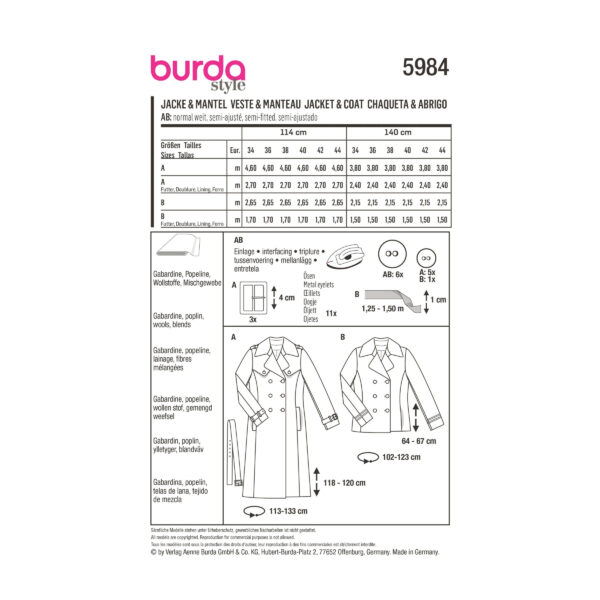 Burda Style Schnittmuster Nr. 5984 - Mantel - Kaban-Jacke und Trenchcoat – Bild 8