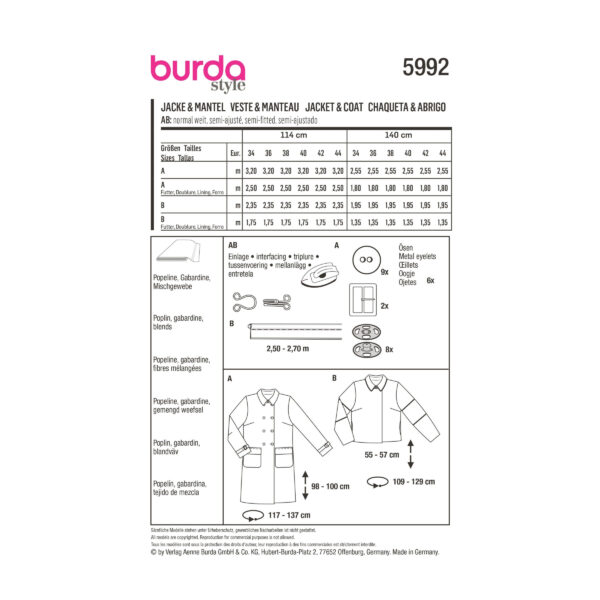 Burda Style Schnittmuster Nr. 5992 - Jacke und Mantel – doppelreihig geknöpft – Bild 8