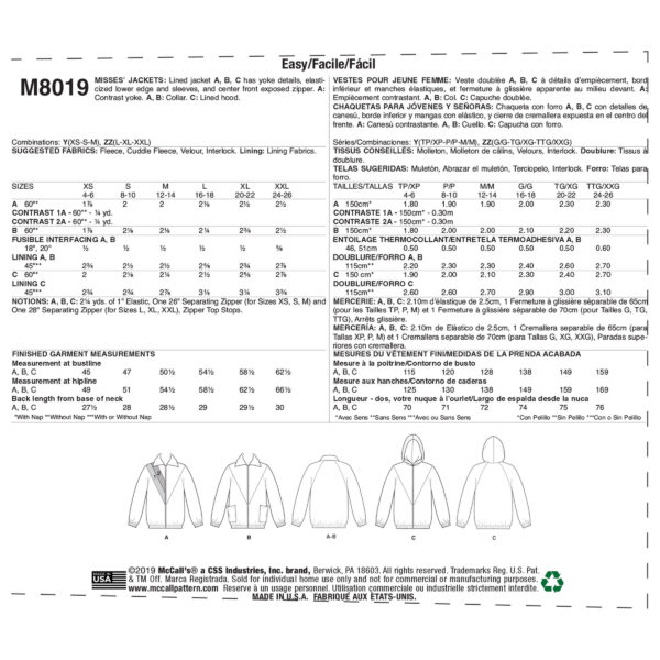 McCalls Schnittmuster M8019 - Jacke - Blouson - Kapuzenjacke – Bild 8