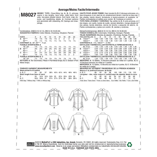 McCalls Schnittmuster M8027 - Bluse tailliert - Brusttaschen – Bild 7