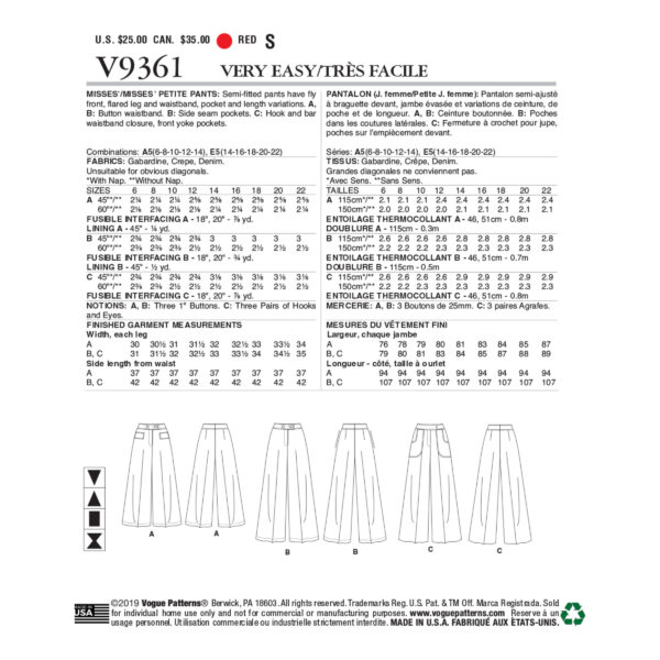 Vogue Schnittmuster V9361 - exquisite Hose - weites Bein - 2 Längen – Bild 5
