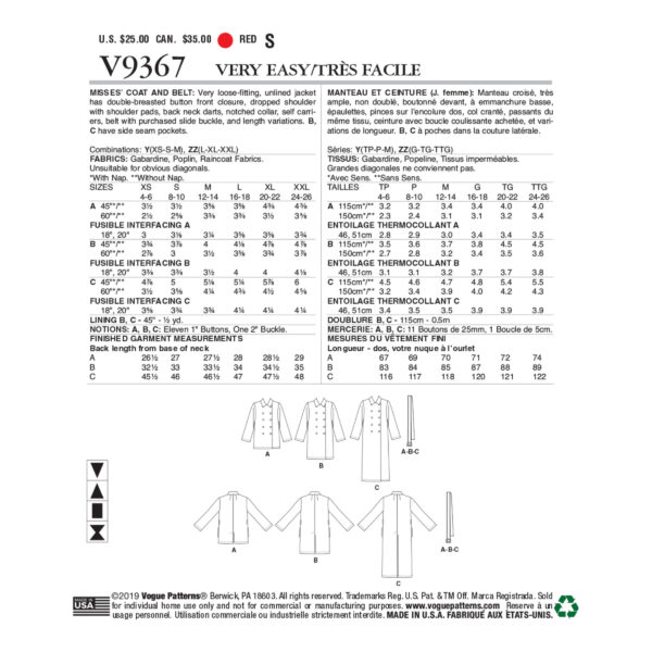 Vogue Schnittmuster V9367 - Jacke - Mantel - mit Gürtel – Bild 5
