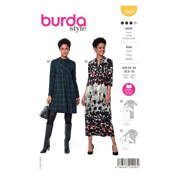 Burda Style Schnittmuster Nr. 5959 - Kleid - midi oder mini - lange oder dreiviertel -Ärmel