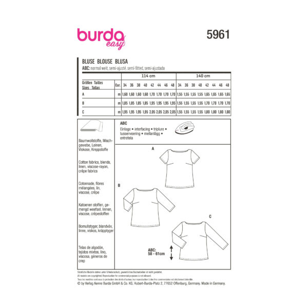 Burda Style Schnittmuster Nr. 5961 - Bluse - flacher Ausschnitt - 3 Ärmellängen – Bild 11