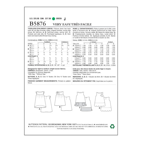 Butterick Schnittmuster - Easy - B5876 - schlichtes Sommerkleid für Kinder – Bild 7