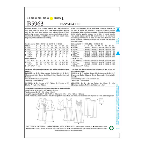 Butterick Schnittmuster - B5963 - Nachtwäsche für Damen – Bild 9