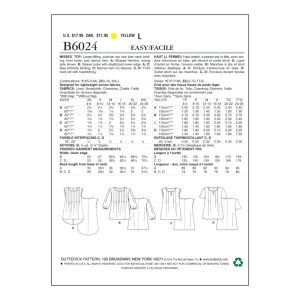 Butterick Schnittmuster - B6024 -  einfaches Damen Sommershirt – Bild 6