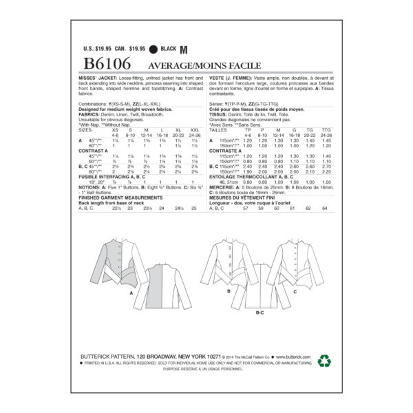 Butterick Schnittmuster - B6106 -  Jacke mit Stehbund und gezacktem Saum – Bild 9
