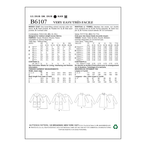 Butterick Schnittmuster - B6107 -  schlichter , einfacher Mantel mit großem Kragen – Bild 6