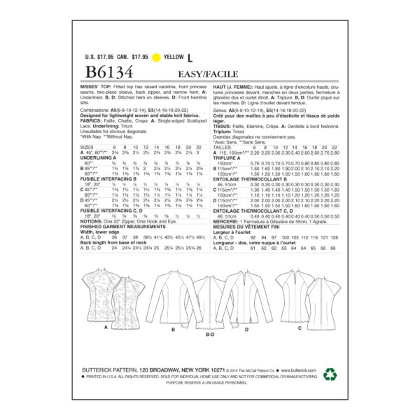 Butterick Schnittmuster - B6134 - Shirt mit Teilungsnähten und angeschnittenem Kragen – Bild 6