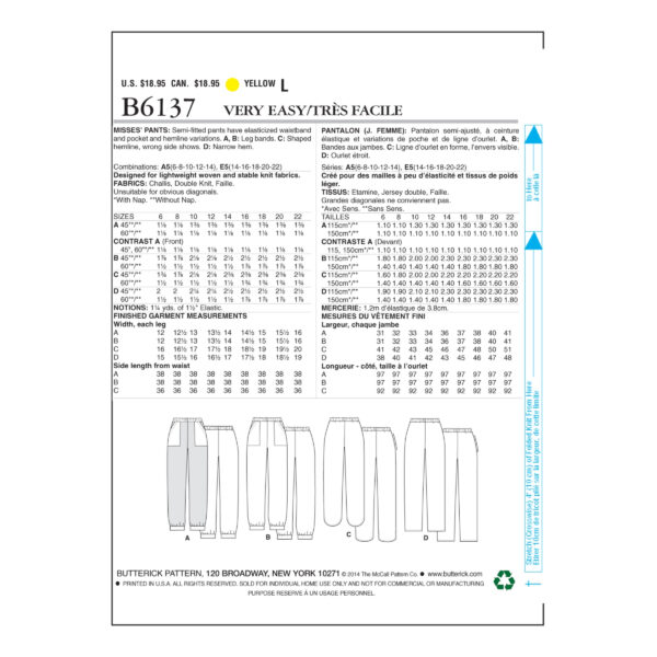 Butterick Schnittmuster - B6137 - einfache Schlupfhose – Bild 9