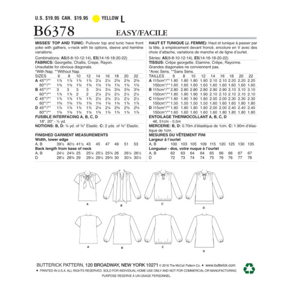 Butterick Schnittmuster - B6378 - lässige Bluse mit Schleifenkragen – Bild 6