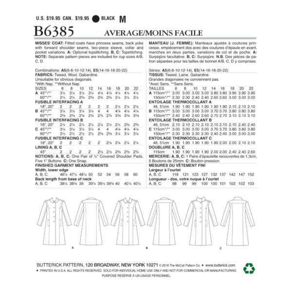 Butterick Schnittmuster - lisette - B6385 - Mantel, lange Jacke – Bild 7