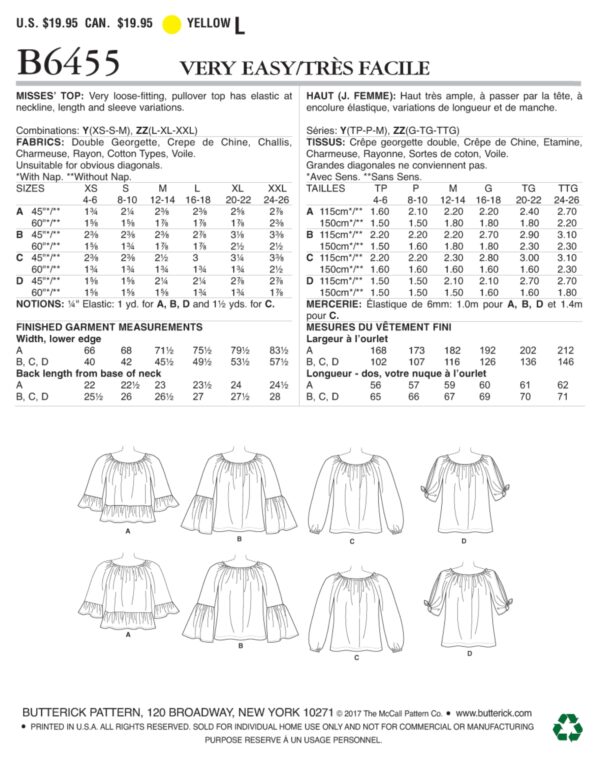 Butterick Schnittmuster - B6455 -  Bluse mit Carmenausschnitt – Bild 7