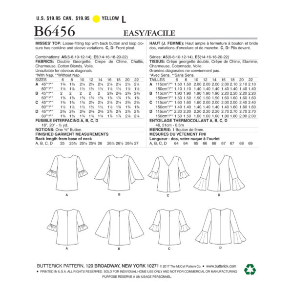 Butterick Schnittmuster - B6456 - Shirt mit Volant am Ärmel – Bild 7