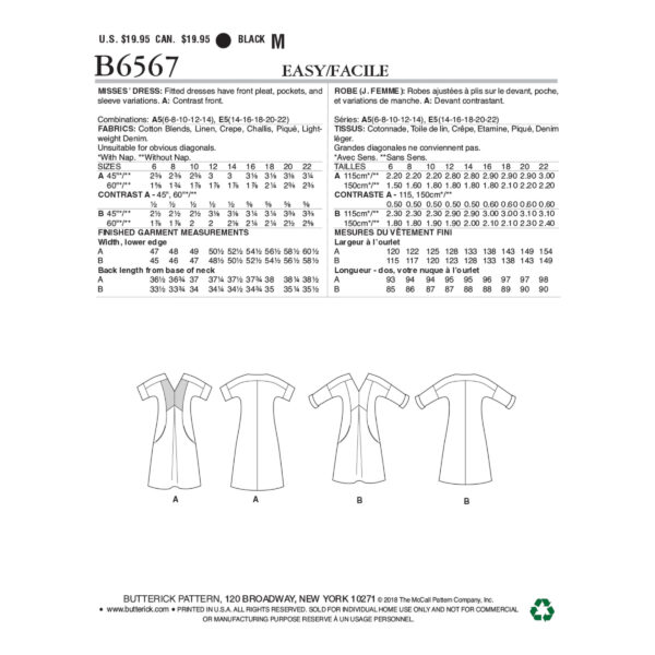 Butterick Schnittmuster - lisette - B6567 - schlichtes, einfaches Kleid mit angeschnittenem Arm – Bild 6
