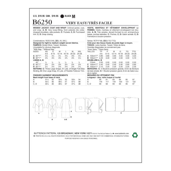 Butterick Schnittmuster - easy - B6250 -  Mantel, Cape, Jacke – Bild 6